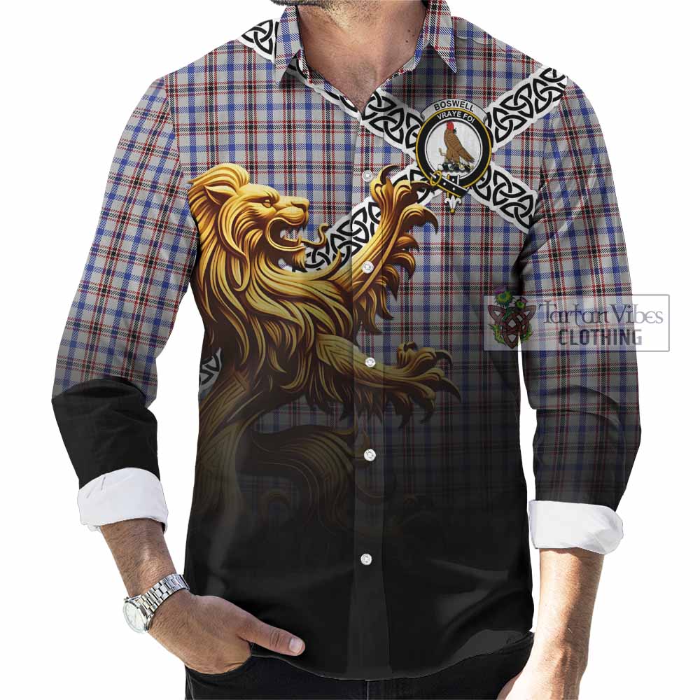 Boswell Crest Tartan Long Sleeve Button Shirt with Golden Lion Emblem Celtic Style - Tartan Vibes Clothing