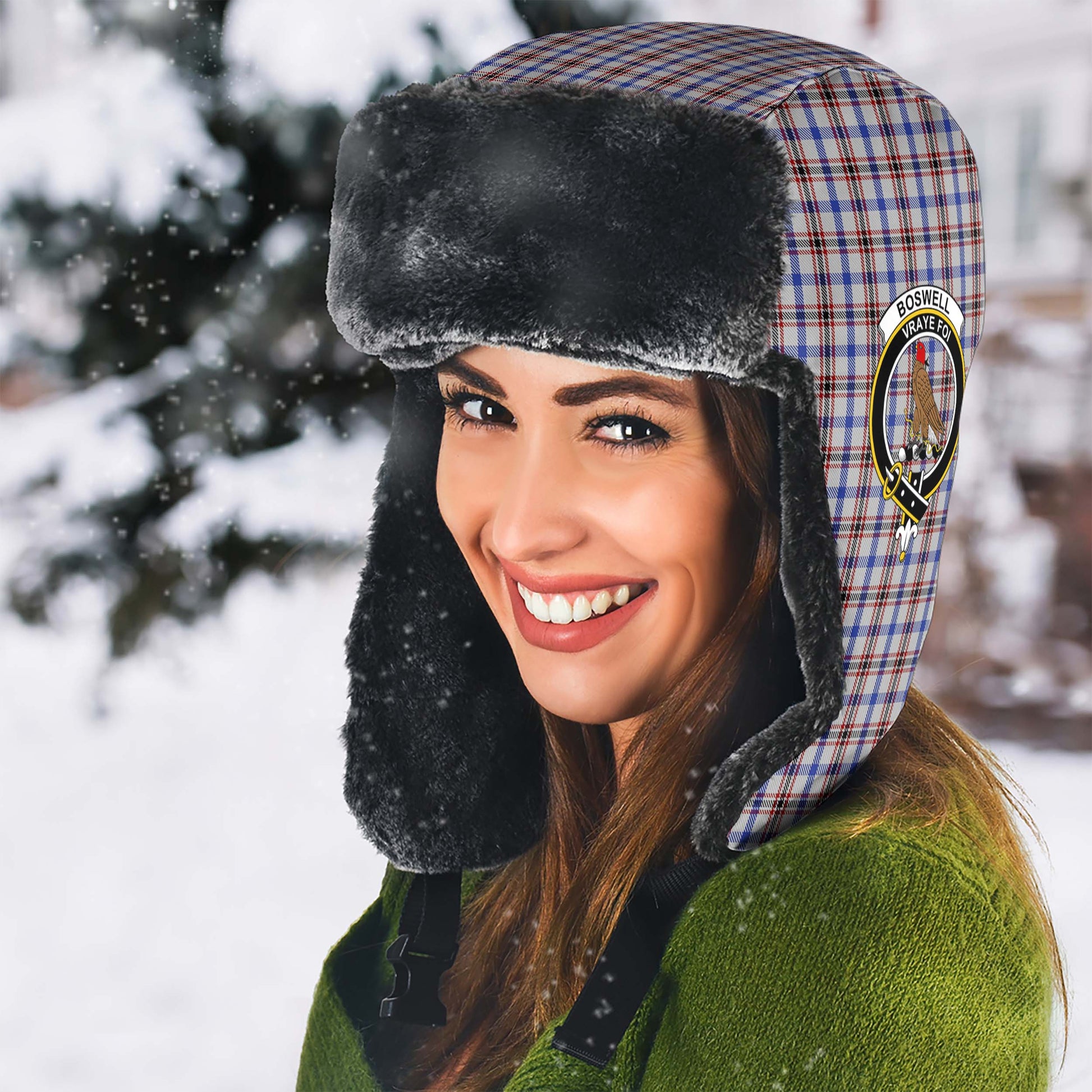 Boswell Tartan Winter Trapper Hat with Family Crest - Tartan Vibes Clothing