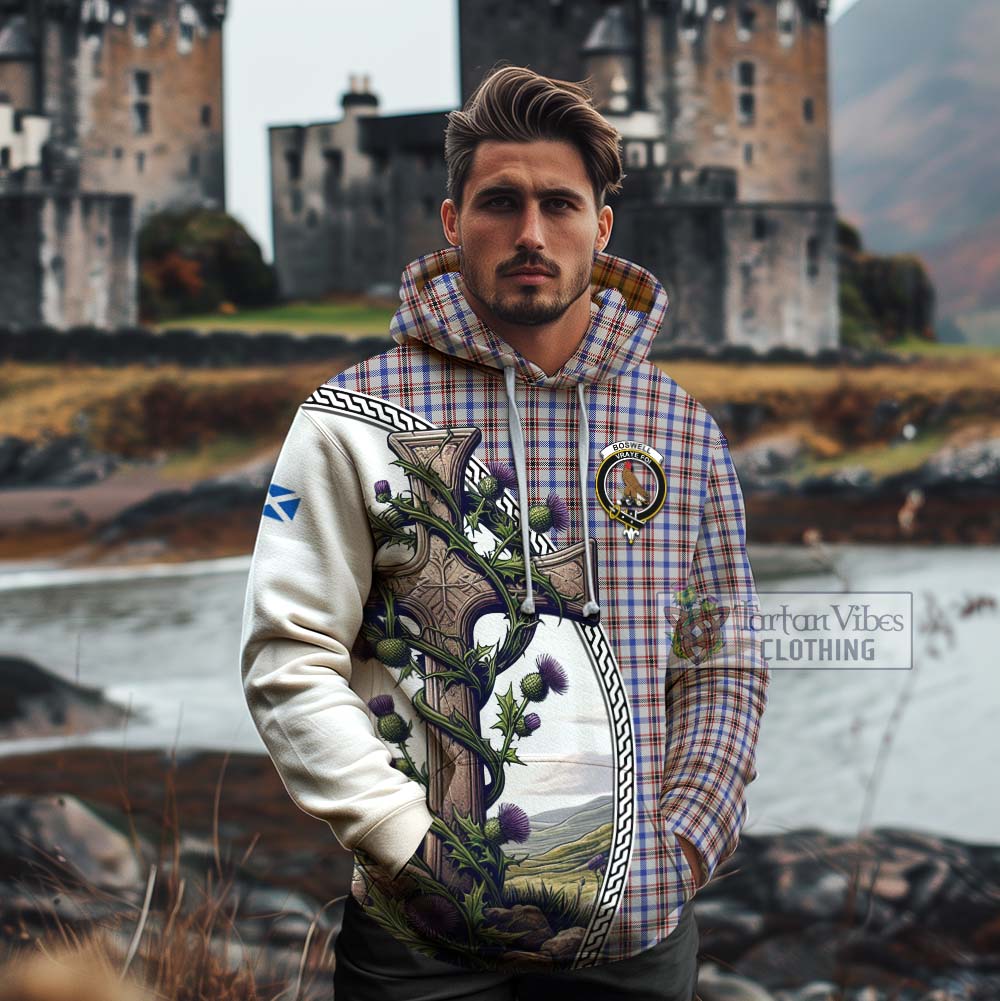 Tartan Vibes Clothing Boswell Tartan Cotton Hoodie with Family Crest and St. Andrew's Cross Accented by Thistle Vines