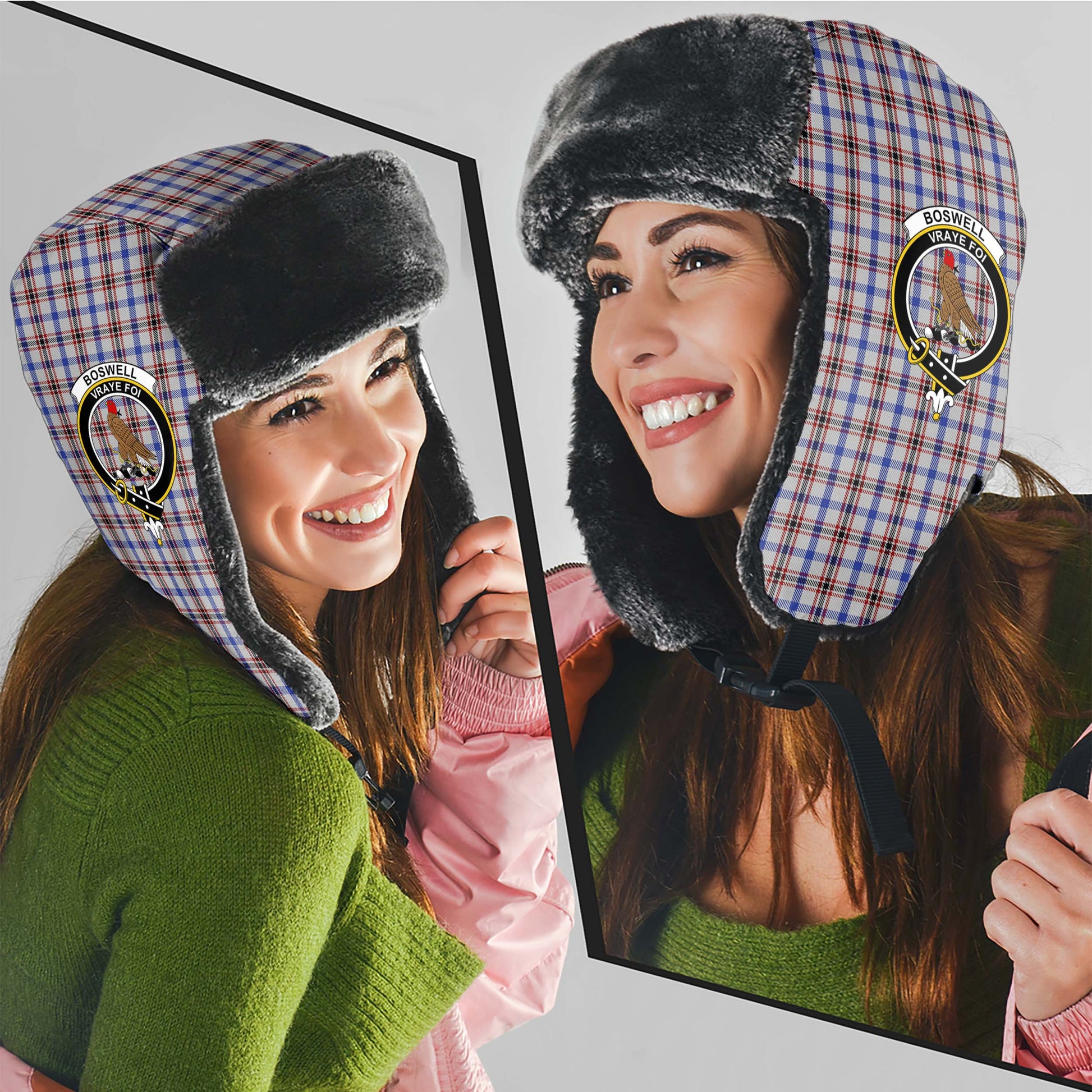 Boswell Tartan Winter Trapper Hat with Family Crest - Tartan Vibes Clothing