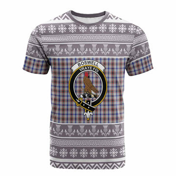 Boswell Clan Tartan Christmas Cotton T-shirt with Family Crest - Tartan Vibes Clothing