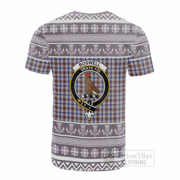 Boswell Clan Tartan Christmas Cotton T-shirt with Family Crest - Tartan Vibes Clothing