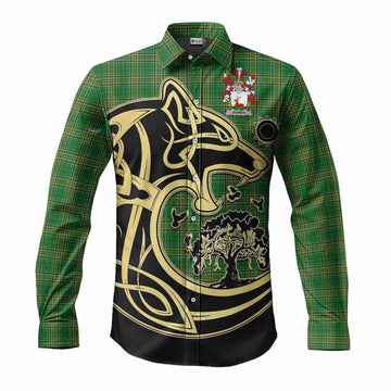 Tartan Vibes Clothing Bowen Irish Tartan Long Sleeve Button Shirt with Coat of Arms Celtic Wolf Style