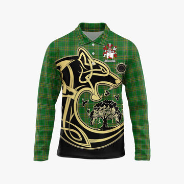 Tartan Vibes Clothing Bowen Irish Tartan Long Sleeve Polo Shirt with Coat of Arms Celtic Wolf Style
