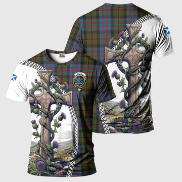 Tartan Vibes Clothing Bowie Agnew Tartan T-Shirt with Family Crest and St. Andrew's Cross Accented by Thistle Vines