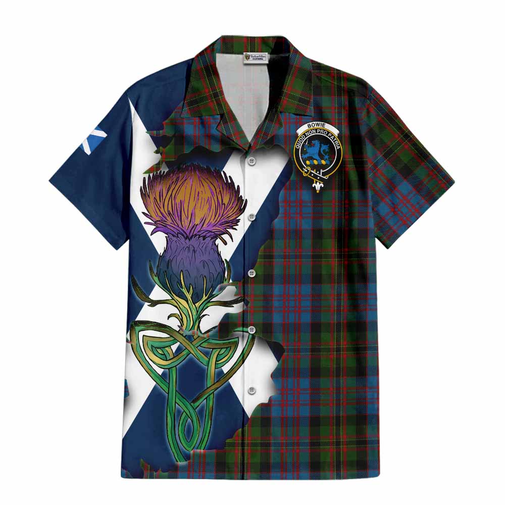 Tartan Vibes Clothing Bowie Tartan Family Crest Short Sleeve Button Shirt Scottish Thistle Celtic Inspired