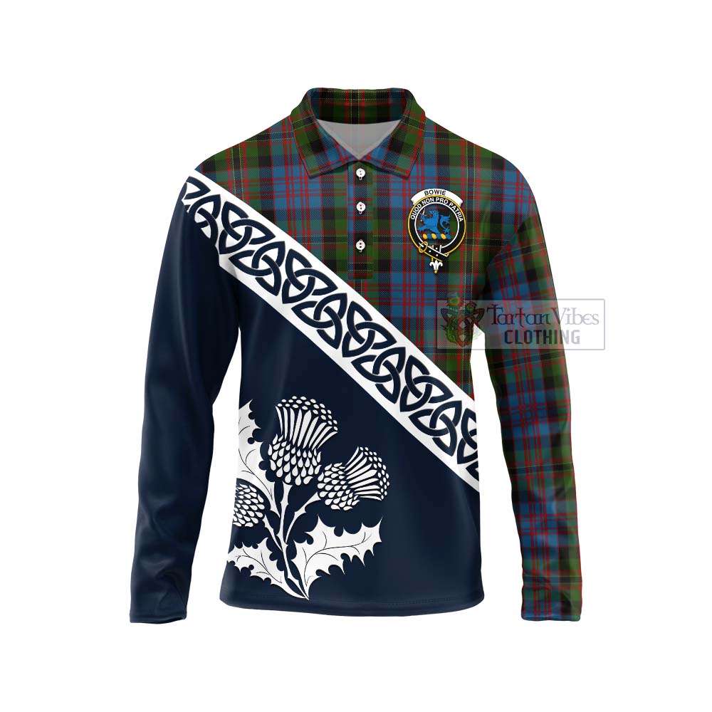 Bowie Tartan Long Sleeve Polo Shirt Featuring Thistle and Scotland Map Unisex - Tartan Vibes Clothing