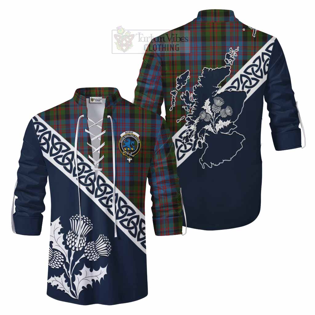 Bowie Tartan Ghillie Kilt Shirt Featuring Thistle and Scotland Map Men - Tartan Vibes Clothing