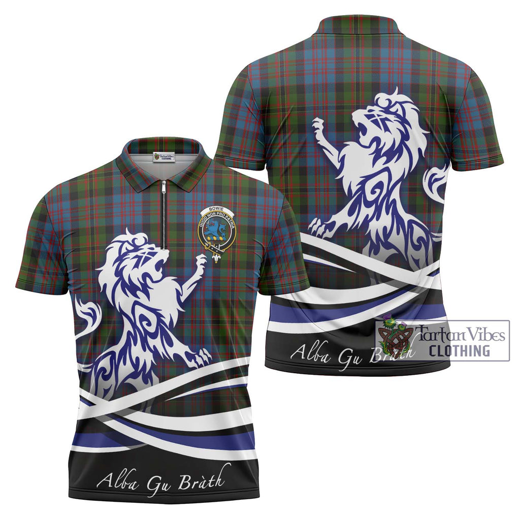 Bowie Tartan Zipper Polo Shirt with Alba Gu Brath Regal Lion Emblem Unisex - Tartan Vibes Clothing