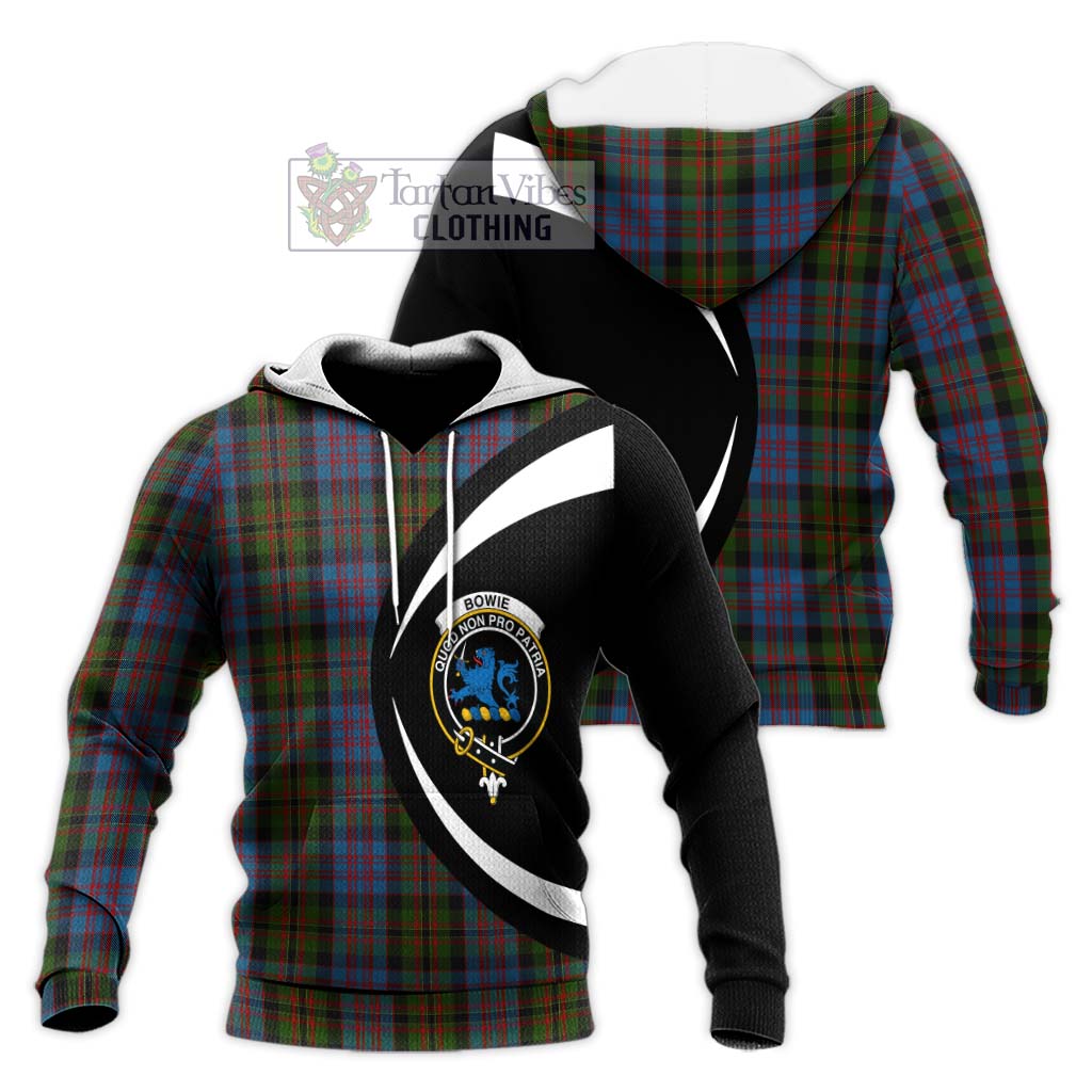 Bowie Tartan Knitted Hoodie with Family Crest Circle Style Unisex Knitted Pullover Hoodie - Tartan Vibes Clothing