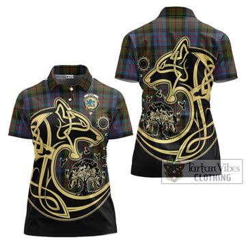 Bowie Tartan Women's Polo Shirt with Family Crest Celtic Wolf Style Women - Tartan Vibes Clothing