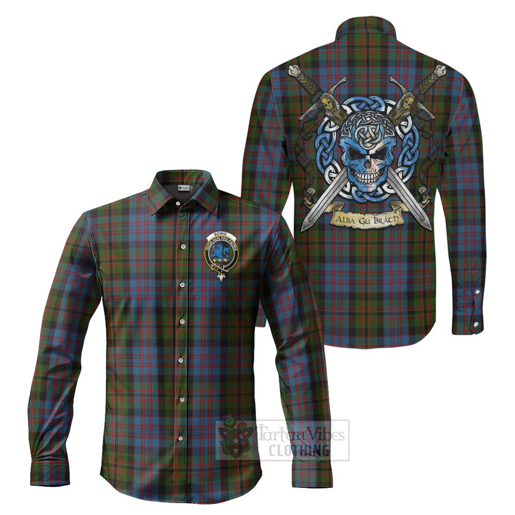 Bowie Tartan Long Sleeve Button Shirt with Family Crest Celtic Skull Style Men's Shirt S - Tartan Vibes Clothing
