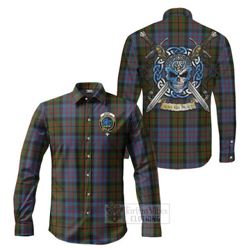 Bowie Tartan Long Sleeve Button Shirt with Family Crest Celtic Skull Style Men's Shirt S - Tartan Vibes Clothing