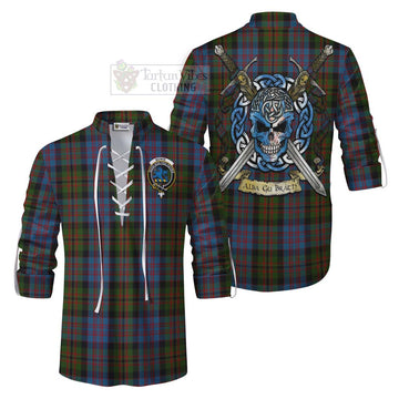 Bowie Tartan Ghillie Kilt Shirt with Family Crest Celtic Skull Style Men - Tartan Vibes Clothing