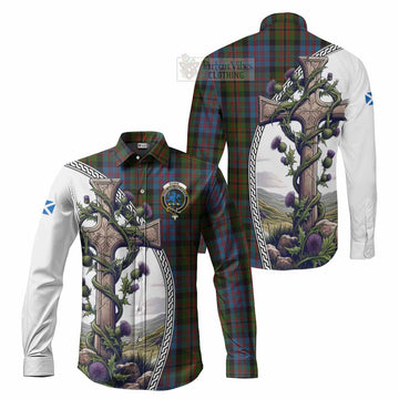 Bowie Tartan Long Sleeve Button Shirt with Family Crest and St. Andrew's Cross Accented by Thistle Vines Men's Shirt S - Tartan Vibes Clothing