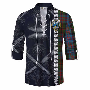 Bowie Tartan Ghillie Kilt Shirt with Family Crest Cross Sword Thistle Celtic Vibes Men - Tartan Vibes Clothing