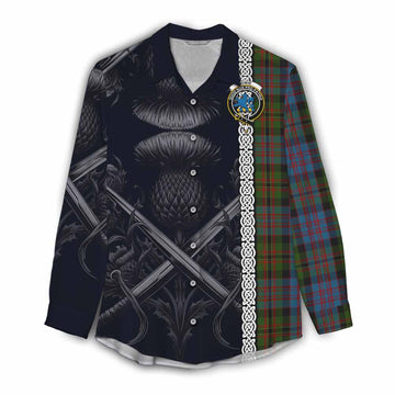 Bowie Tartan Women's Casual Shirt with Family Crest Cross Sword Thistle Celtic Vibes Female - Tartan Vibes Clothing