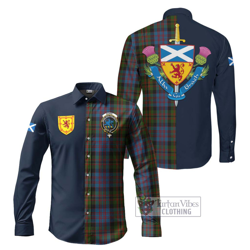 Tartan Vibes Clothing Bowie Tartan Long Sleeve Button Shirt with Scottish Lion Royal Arm Half Style
