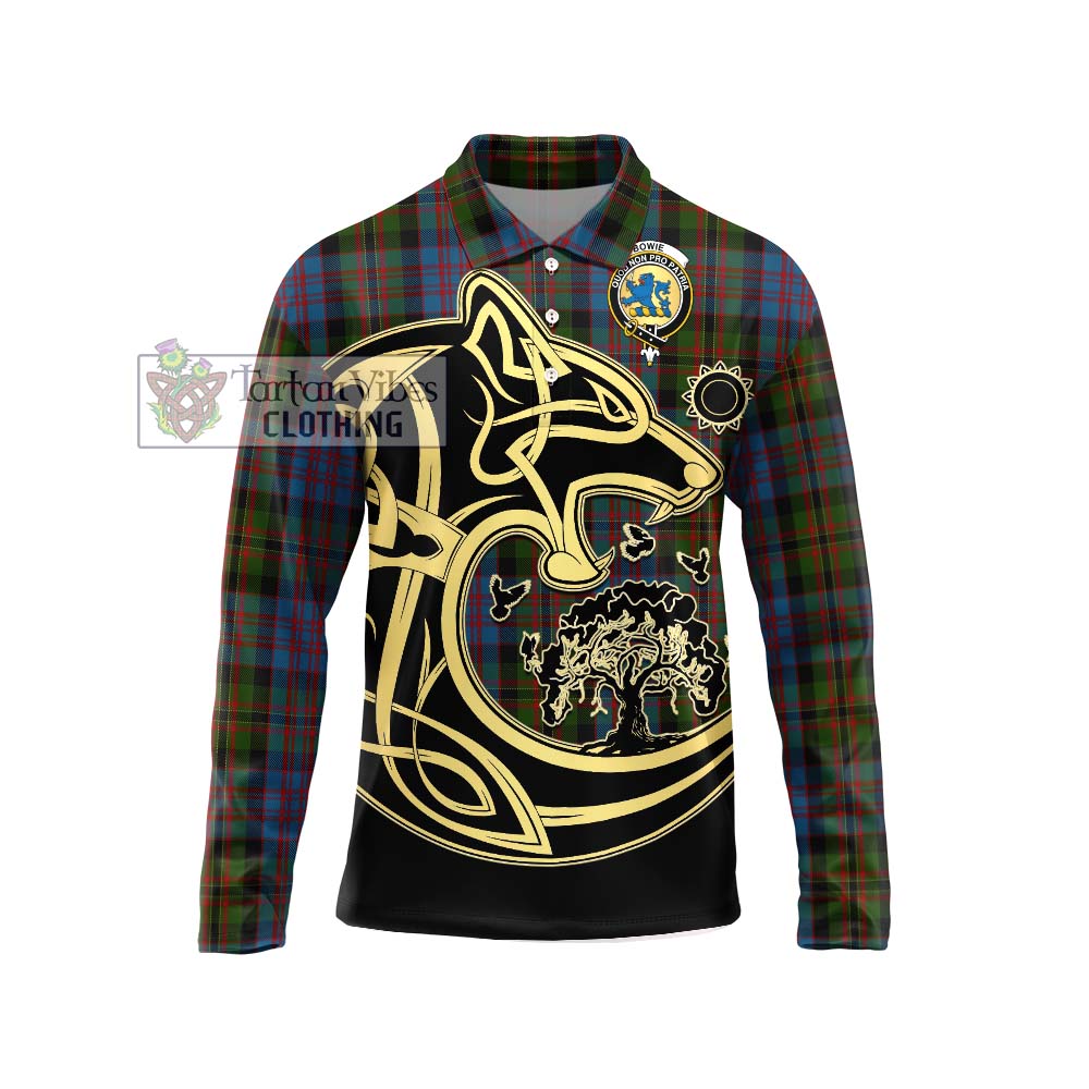 Bowie Tartan Long Sleeve Polo Shirt with Family Crest Celtic Wolf Style Unisex - Tartan Vibes Clothing