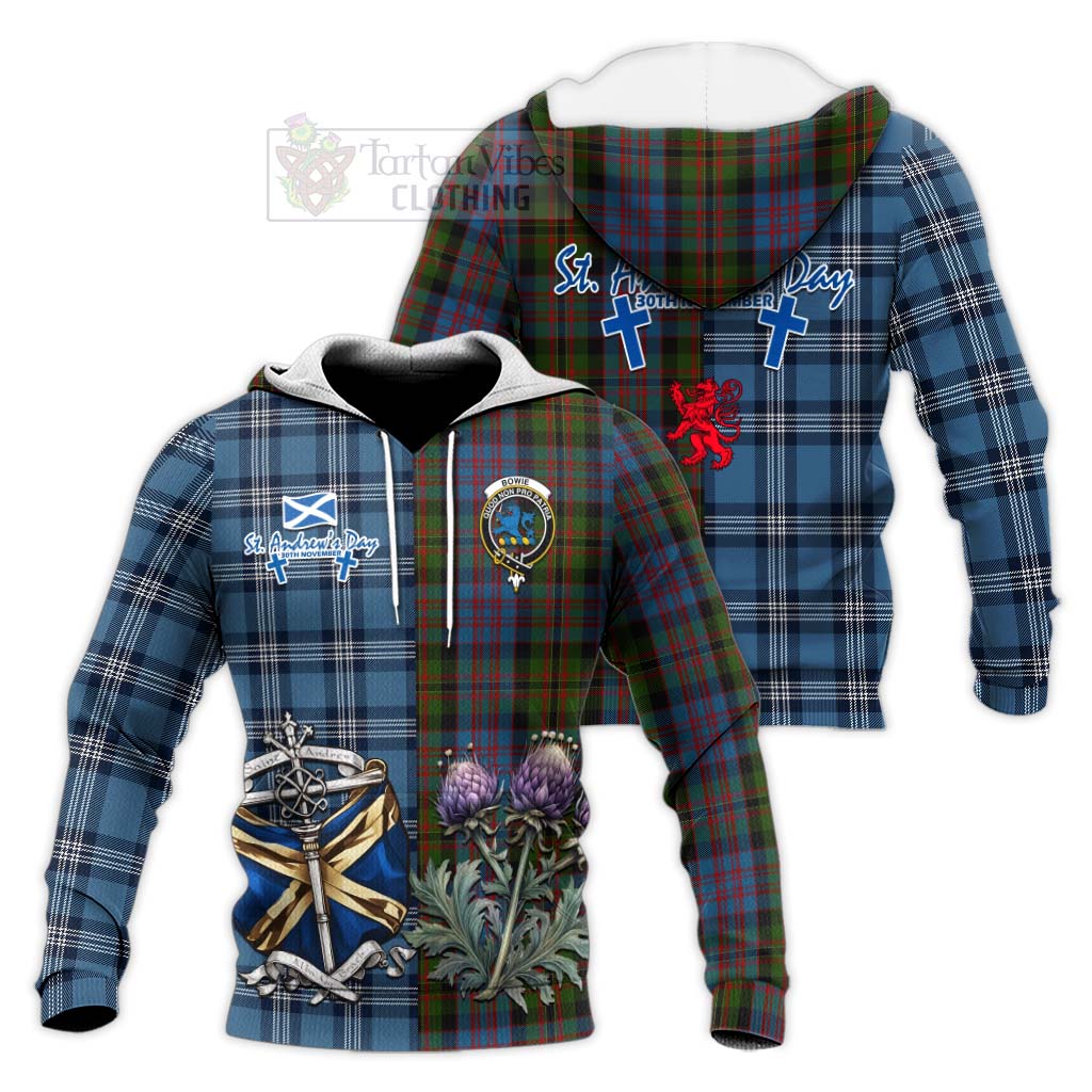 Bowie Tartan Knitted Hoodie Happy St. Andrew's Day Half Tartan Style Unisex Knitted Pullover Hoodie - Tartan Vibes Clothing