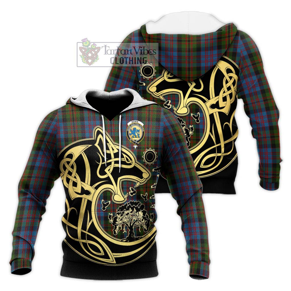 Bowie Tartan Knitted Hoodie with Family Crest Celtic Wolf Style Unisex Knitted Pullover Hoodie - Tartan Vibes Clothing