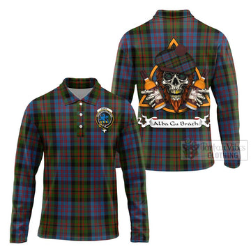 Bowie Tartan Long Sleeve Polo Shirt with Family Crest and Bearded Skull Holding Bottles of Whiskey Unisex - Tartan Vibes Clothing