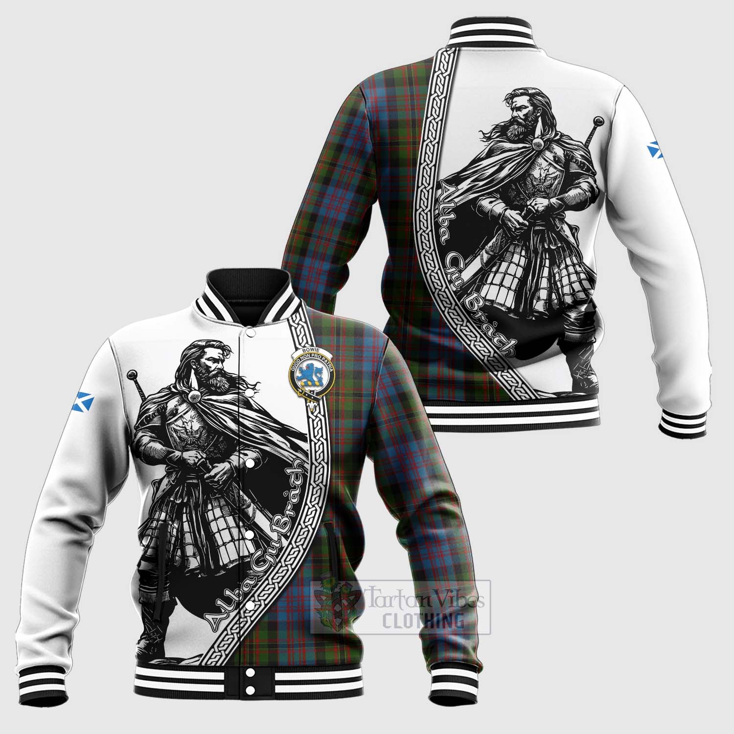 Bowie Tartan Clan Crest Baseball Jacket with Highlander Warrior Celtic Style Unisex - Tartan Vibes Clothing