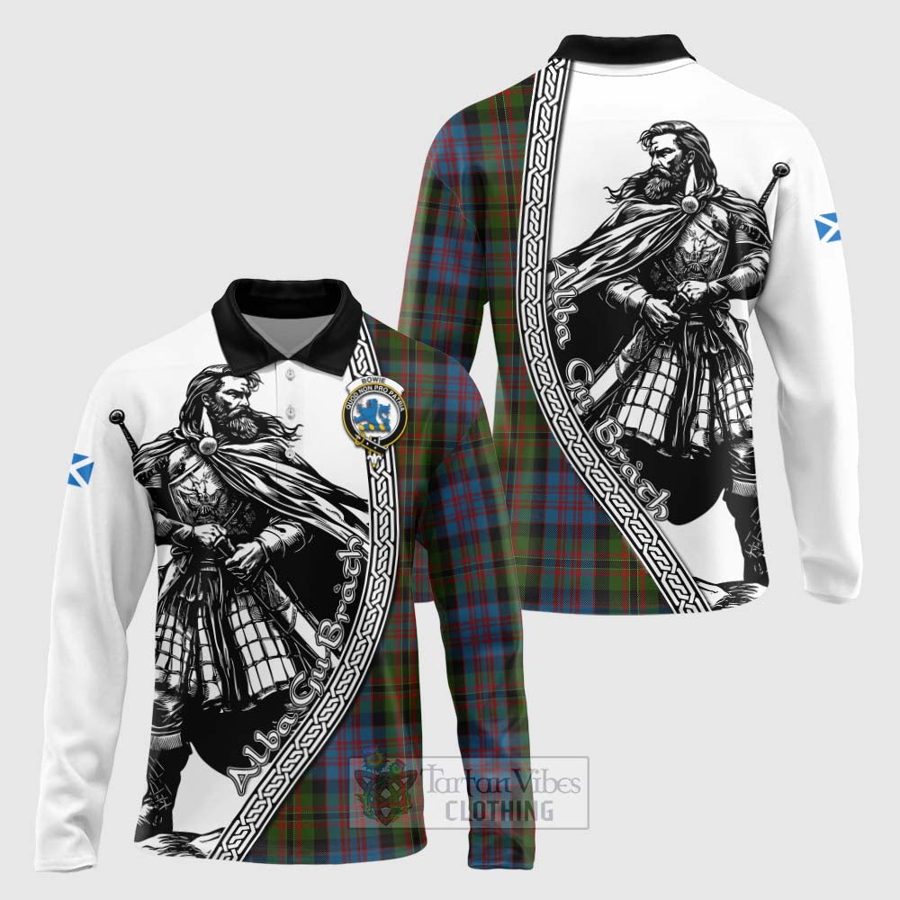 Bowie Tartan Clan Crest Long Sleeve Polo Shirt with Highlander Warrior Celtic Style Unisex - Tartan Vibes Clothing
