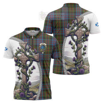Bowie Tartan Zipper Polo Shirt with Family Crest and St. Andrew's Cross Accented by Thistle Vines Unisex - Tartan Vibes Clothing