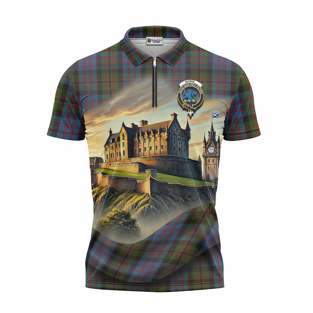 Bowie Tartan Family Crest Zipper Polo Shirt with Scottish Ancient Castle Style Unisex - Tartan Vibes Clothing