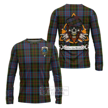 Bowie Tartan Long Sleeve T-Shirt with Family Crest and Bearded Skull Holding Bottles of Whiskey Unisex - Tartan Vibes Clothing