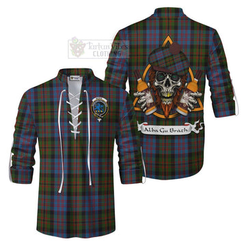 Bowie Tartan Ghillie Kilt Shirt with Family Crest and Bearded Skull Holding Bottles of Whiskey Men - Tartan Vibes Clothing