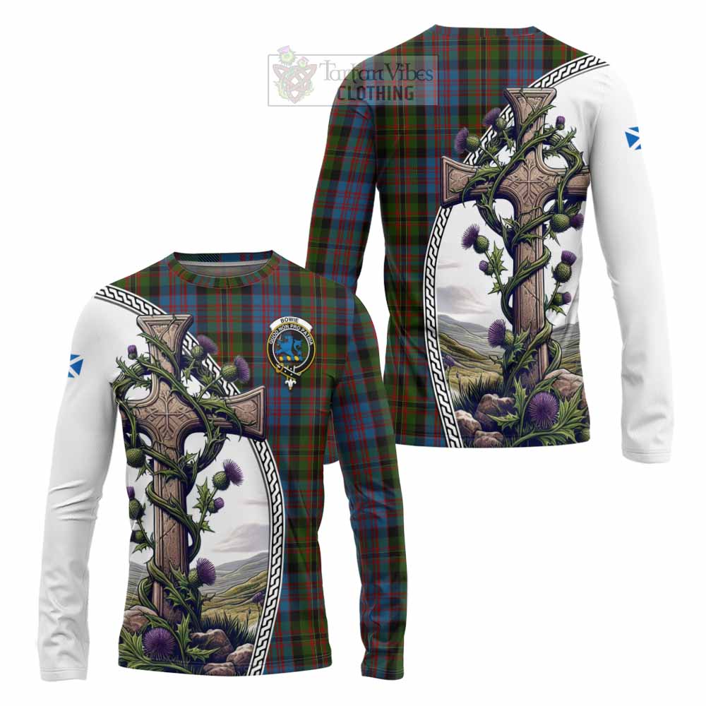 Tartan Vibes Clothing Bowie Tartan Long Sleeve T-Shirt with Family Crest and St. Andrew's Cross Accented by Thistle Vines