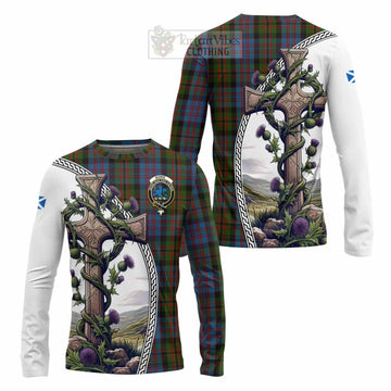 Tartan Vibes Clothing Bowie Tartan Long Sleeve T-Shirt with Family Crest and St. Andrew's Cross Accented by Thistle Vines
