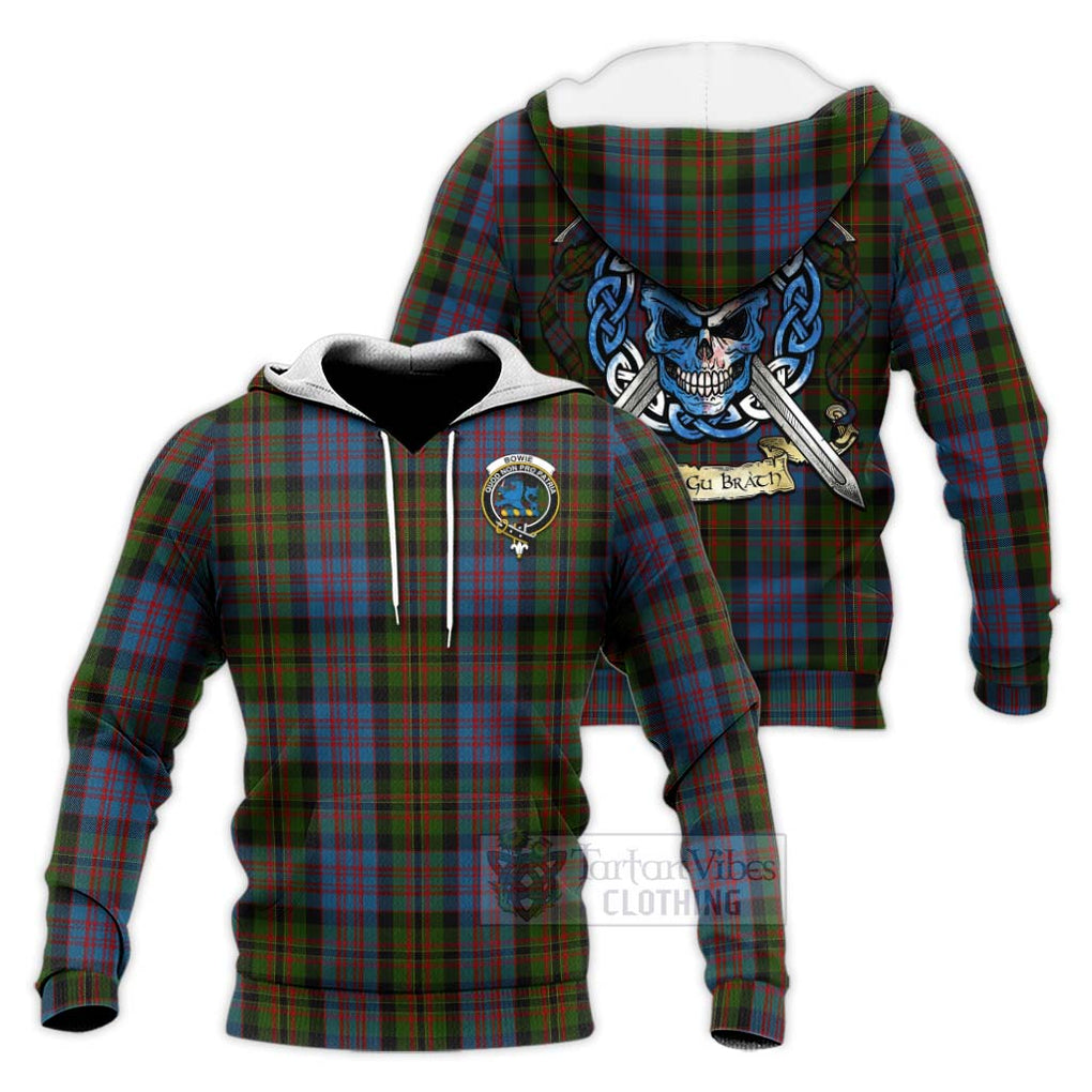 Bowie Tartan Knitted Hoodie with Family Crest Celtic Skull Style Unisex Knitted Pullover Hoodie - Tartan Vibes Clothing