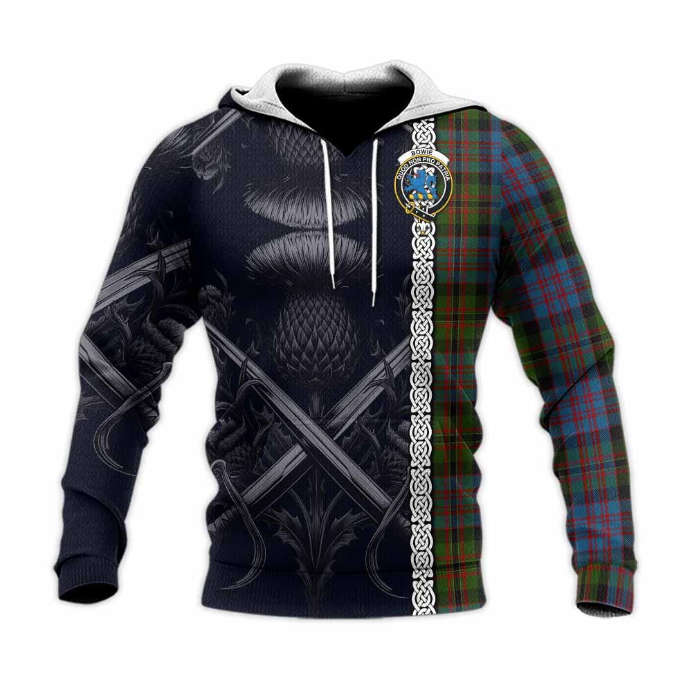 Bowie Tartan Knitted Hoodie with Family Crest Cross Sword Thistle Celtic Vibes Unisex Knitted Pullover Hoodie - Tartan Vibes Clothing