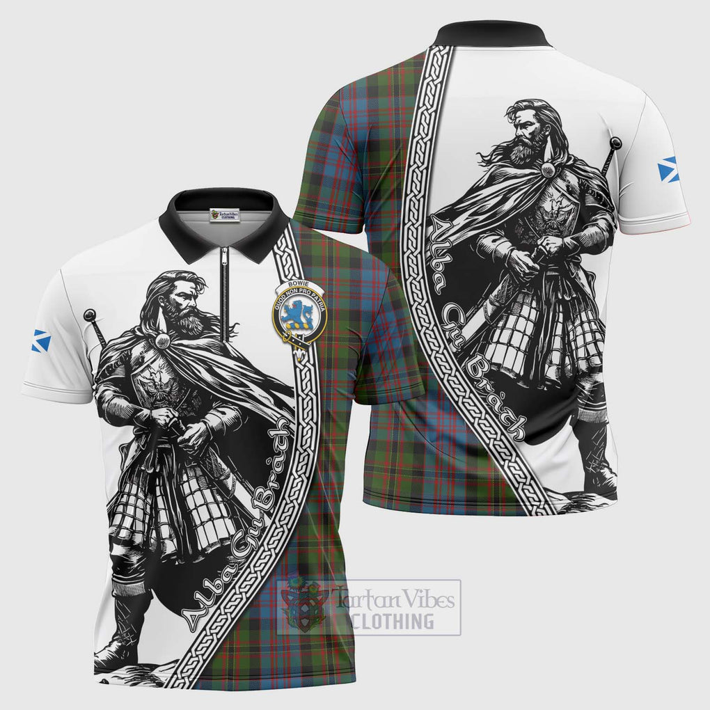 Bowie Tartan Clan Crest Zipper Polo Shirt with Highlander Warrior Celtic Style Unisex - Tartan Vibes Clothing