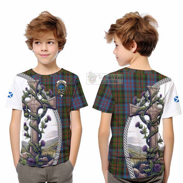 Tartan Vibes Clothing Bowie Tartan Kid T-Shirt with Family Crest and St. Andrew's Cross Accented by Thistle Vines