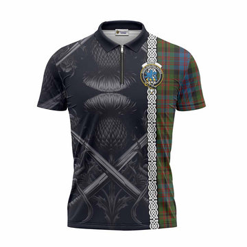 Bowie Tartan Zipper Polo Shirt with Family Crest Cross Sword Thistle Celtic Vibes Unisex - Tartan Vibes Clothing