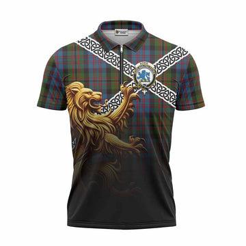 Bowie Crest Tartan Zipper Polo Shirt with Golden Lion Emblem Celtic Style Unisex - Tartan Vibes Clothing