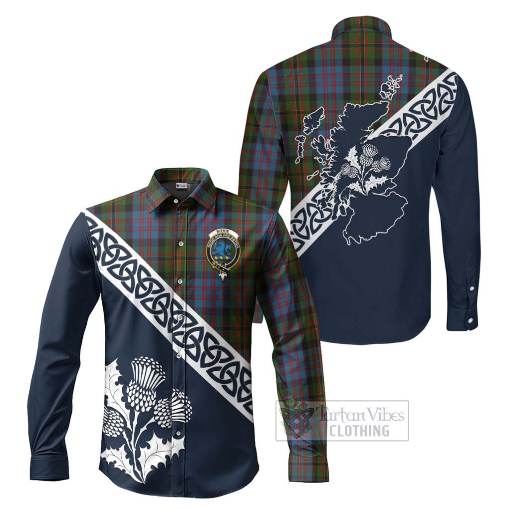 Bowie Tartan Long Sleeve Button Shirt Featuring Thistle and Scotland Map Men's Shirt S - Tartan Vibes Clothing