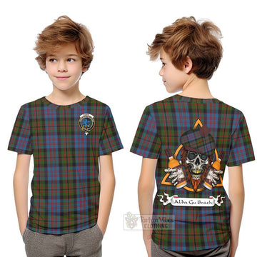Bowie Tartan Kid T-Shirt with Family Crest and Bearded Skull Holding Bottles of Whiskey Youth XL Size14 - Tartan Vibes Clothing