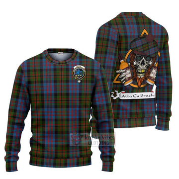 Bowie Tartan Ugly Sweater with Family Crest and Bearded Skull Holding Bottles of Whiskey Unisex - Tartan Vibes Clothing