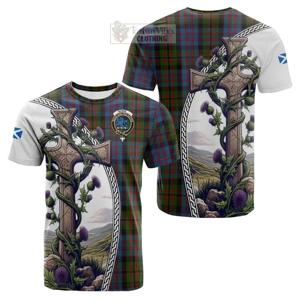 Tartan Vibes Clothing Bowie Tartan Cotton T-shirt with Family Crest and St. Andrew's Cross Accented by Thistle Vines