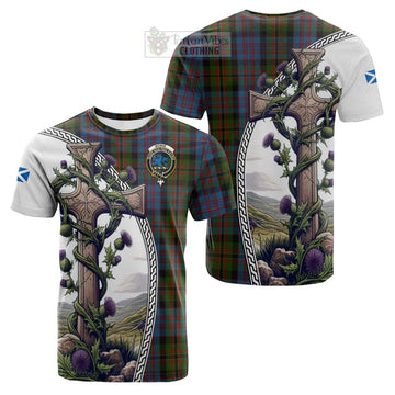 Tartan Vibes Clothing Bowie Tartan Cotton T-shirt with Family Crest and St. Andrew's Cross Accented by Thistle Vines