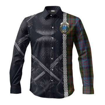 Tartan Vibes Clothing Bowie Tartan Long Sleeve Button Shirt with Family Crest Cross Sword Thistle Celtic Vibes