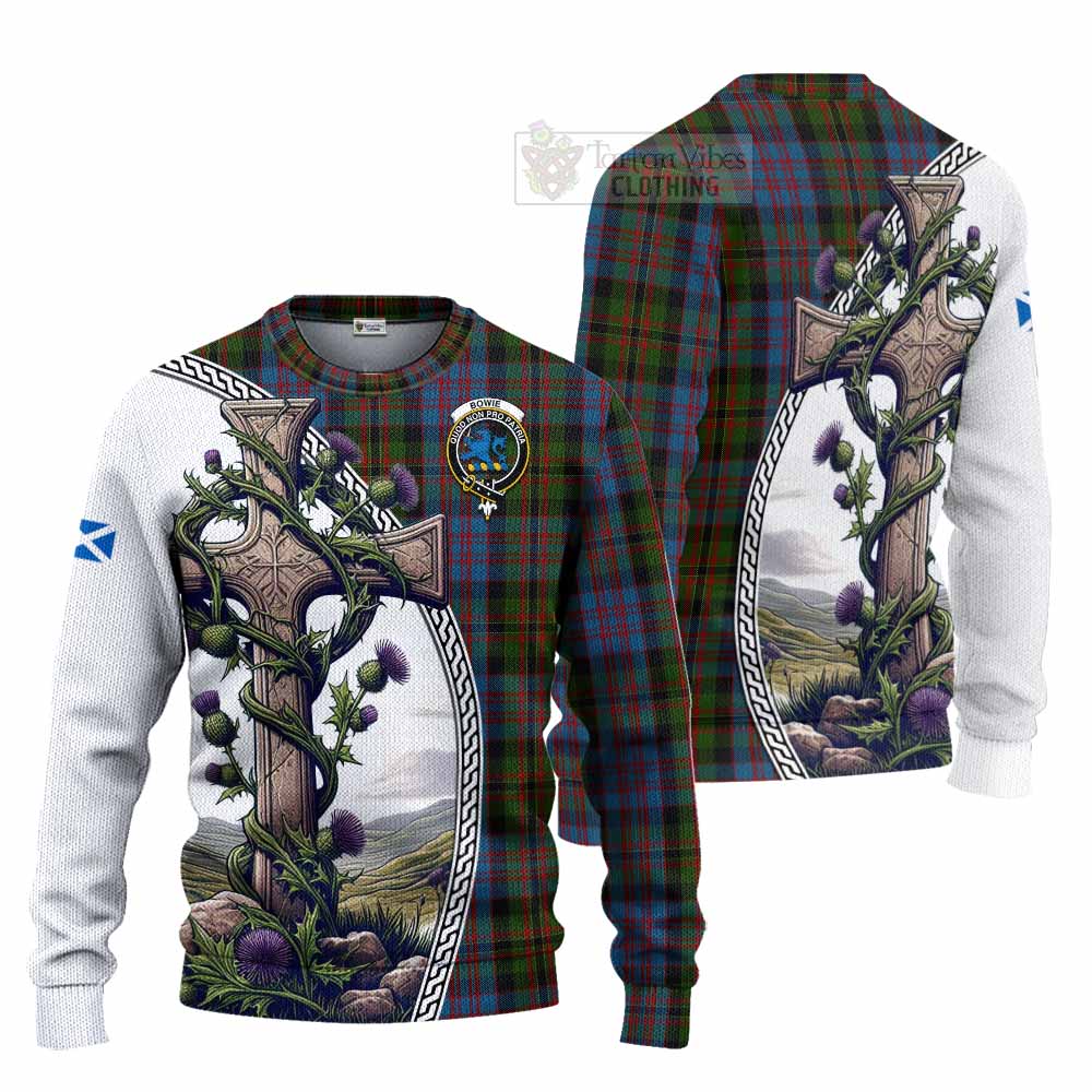 Bowie Tartan Knitted Sweater with Family Crest and St. Andrew's Cross Accented by Thistle Vines Unisex - Tartan Vibes Clothing
