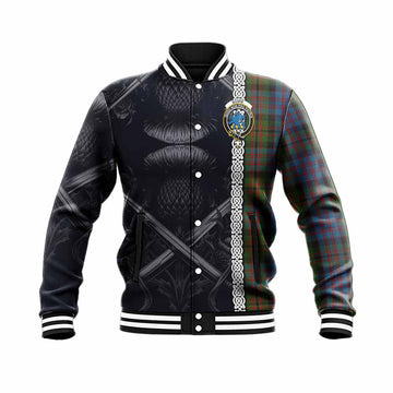 Bowie Tartan Baseball Jacket with Family Crest Cross Sword Thistle Celtic Vibes Unisex - Tartan Vibes Clothing