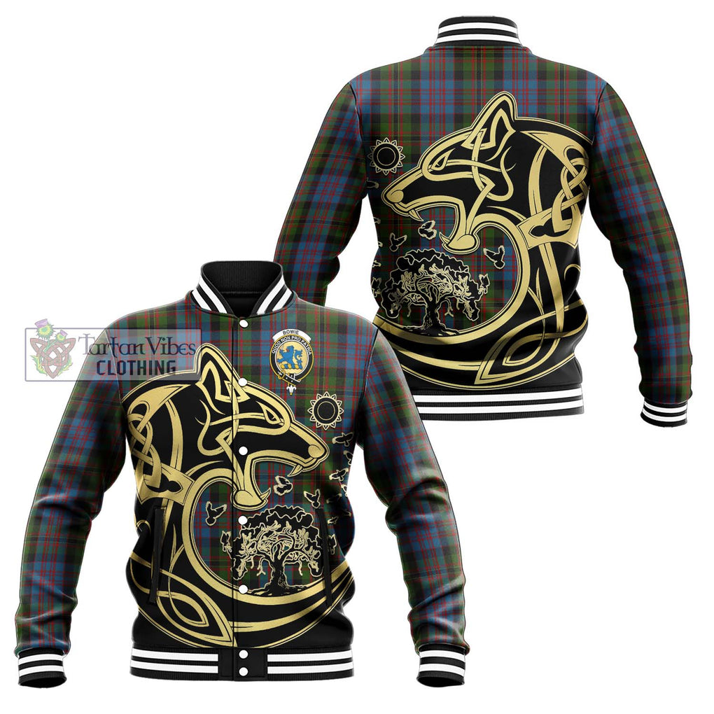 Bowie Tartan Baseball Jacket with Family Crest Celtic Wolf Style Unisex - Tartan Vibes Clothing