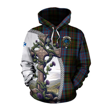 Tartan Vibes Clothing Bowie Tartan Cotton Hoodie with Family Crest and St. Andrew's Cross Accented by Thistle Vines